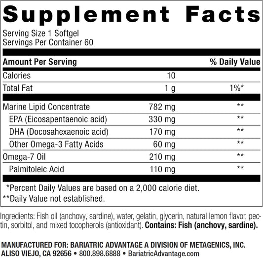 Bariatric Advantage Omegavanta 10 - Omega Fish Oil - Enriched Epa & Dha - Enteric Softgel Design - Supports Heart Health* - Natural Lemon Flavor - 60 Softgels