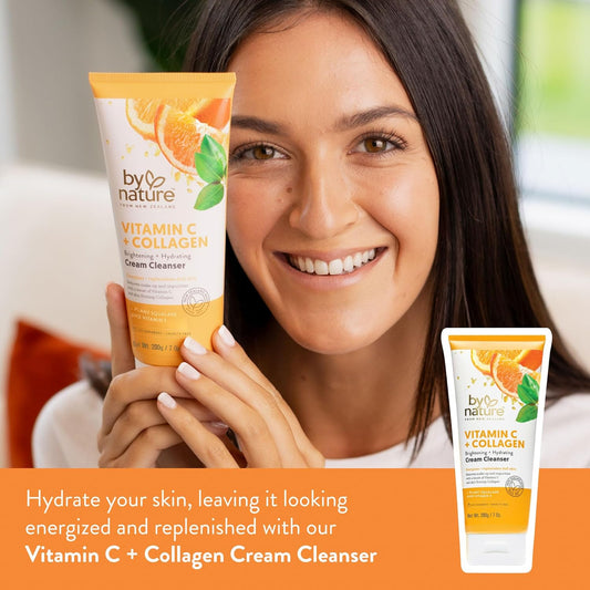 By Nature Vitamin C + Collagen Face Cream Cleanser - Daily Makeup Remover And Facial Wash From New Zealand (7 Oz)