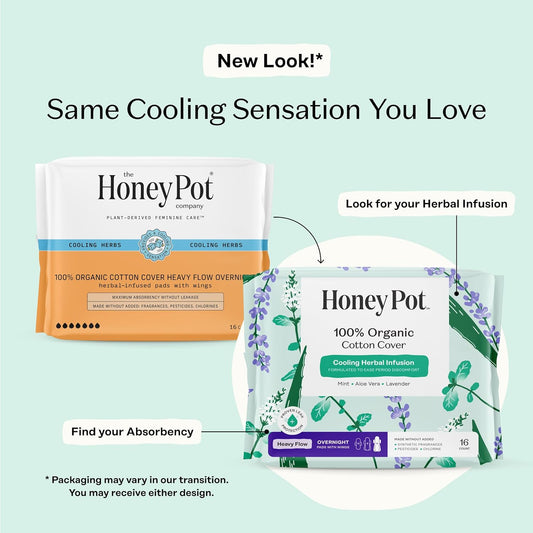 The Honey Pot Company - Herbal Sanitary Pads For Women - Heavy Flow Overnight W/Wings - Infused W/Essential Oils For Cooling Effect & Organic Cotton Cover - Feminine Care - Fsa & Hsa - 16 Ct