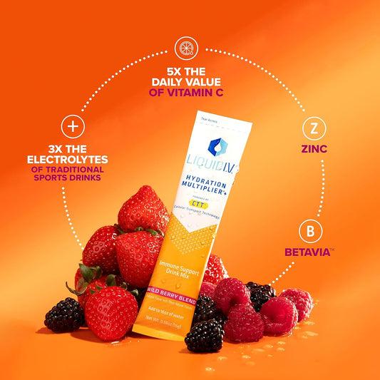 Liquid I.V. Hydration Multiplier + Immune Support -Wild Berry Blend - Hydration Powder Packets | Electrolyte Powder Drink Mix | Easy Open Single-Serving Sticks | Non-Gmo | 3 Pack (42 Servings)