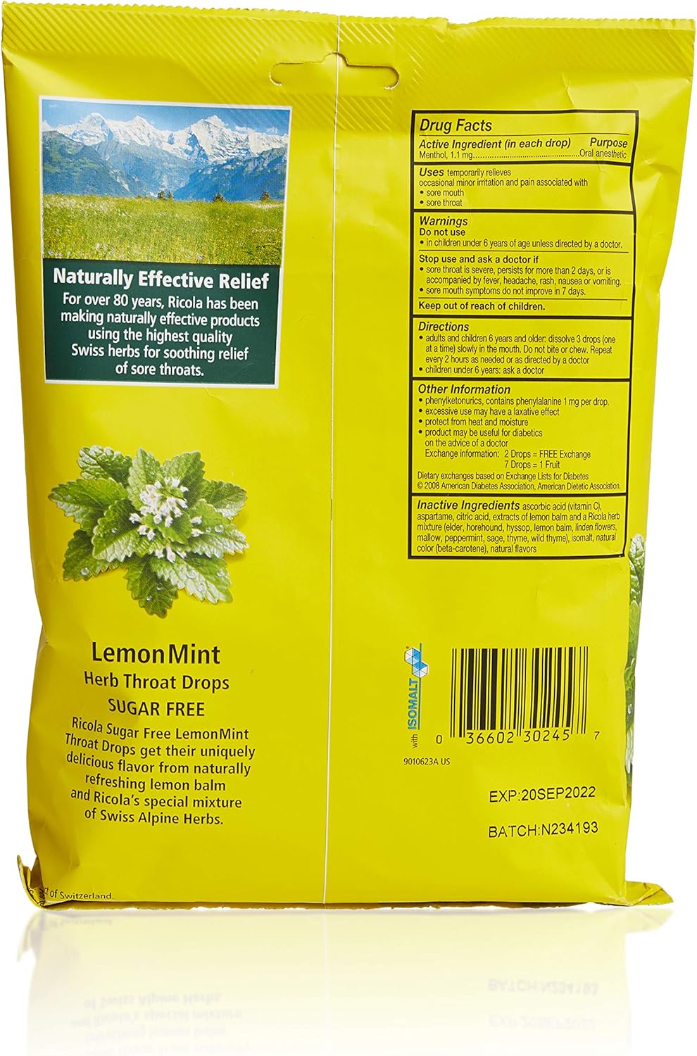 Ricola Sugar Free Lemon Mint Herbal Cough Suppressant Throat Drops, 45ct Bag (Pack of 2)