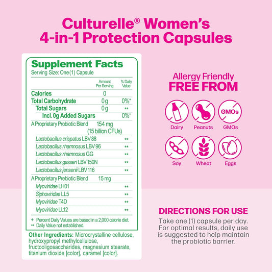Culturelle 4-In-1 Probiotics For Women, Daily Probiotic & Prebiotic Supplement To Support Vaginal Health, Digestive Health, Immune Health, Occasional Diarrhea, Gas & Bloating Relief, Non-Gmo, 30 Count