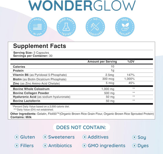 Hair Skin And Nails Vitamins W/Bovine Colostrum, Collagen, Hyaluronic Acid, Biotin, Zinc, & LactoferrinSupports Faster Hair Growth, Stronger Nails And Glowing Skin (30 Servings, Capsule)