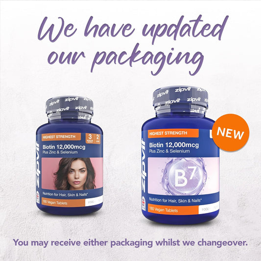 Zipvit Biotin Hair Growth Supplement 12000Mcg, Enriched With Zinc & Selenium, 180 Vegan Tablets,High Strength Biotin For Hair And Skin Support For Men And Women