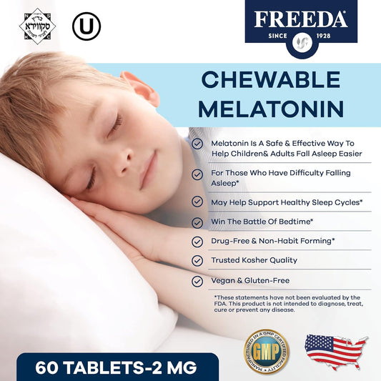 Freeda Melatonin 2Mg Sugar-Free Chewables โ Natural Sleep Aid For Adults & Kids โ Vegan, Kosher, Gluten-Free, Non-Gmo, Easy Bedtime Support โ 60 Tablets