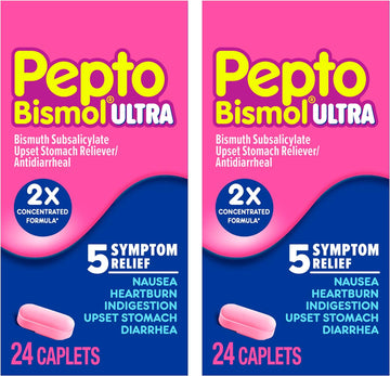 Pepto Bismol Caplets Ultra For Nausea, Heartburn, Indigestion, Upset Stomach, And Diarrhea - 5 Symptom Fast Relief, 24 Ct X 2, 48 Total
