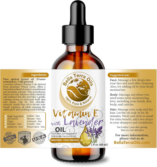 Bella Terra Oils - Organic Vitamin E Oil with Lavender 2oz - Your Route to Radiant Skin with Organic Wheat Germ Extracted D-Alpha Tocopherol, and Calming Lavender