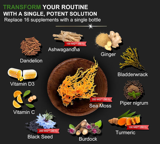 16-In-1 Organic Sea Moss 17500Mg Ashwagandha 5000Mg Black Seed Oil 4000Mg Turmeric 5000Mg Bladderwrack Burdock, Vitamin C & D3 With Elderberry Manuka Dandelion Yellow Dock For Full-Body Wellness