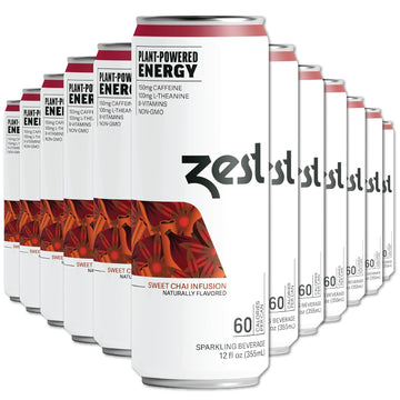 Zest Plant Powered Natural Energy Sparkling Drink - Sweet Chai Infusion - 150Mg Caffeine + 100 Mg L-Theanine - 12Oz Can 12 Pack - Low Sugar, 60 Cals, Healthy Coffee Substitute, Non Gmo High Caff Blend