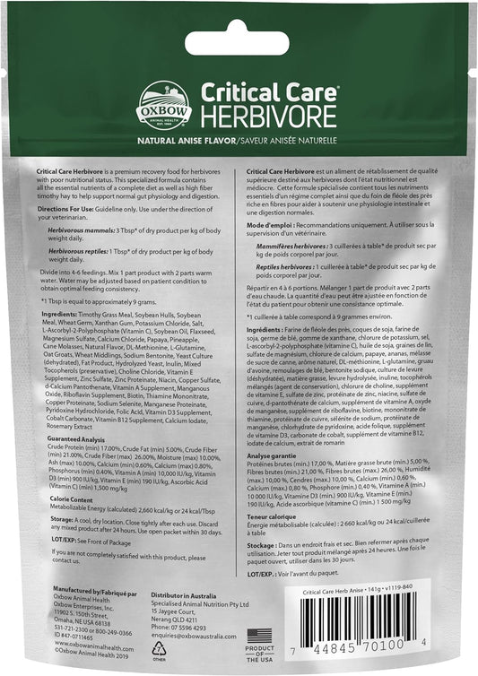 Oxbow Animal Health Critical Care, Herbivore, Anise Flavor, 141 Gram Bag (70100), Multi-Colored, 4.97 Ounce (Pack Of 1)