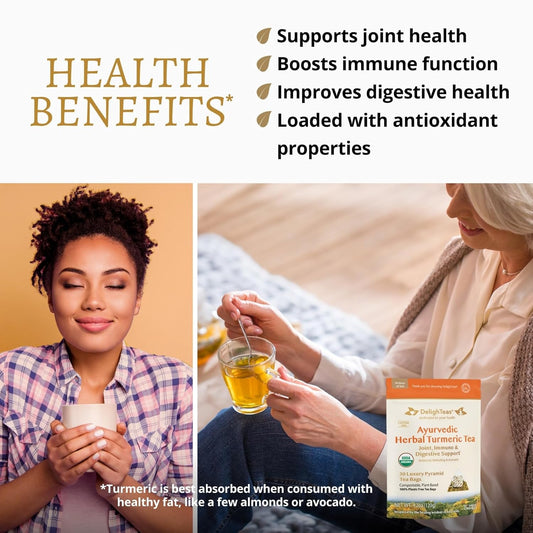 Delighteas Ayurvedic Turmeric Ginger Tea | Usda Organic Loose Leaf Herbal Tea For Joint Support | Non-Gmo, Caffeine Free, Unsweetened | 75 Servings, 6Oz | With Bpa-Free Tea Infuser