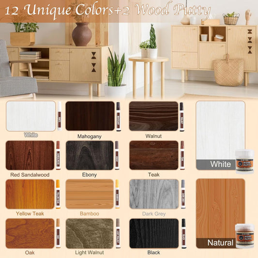 18 Pcs Wood Scratch Repair Kit Marker - 12 Color Wood Repair Markers With Wood Putty Filler And Beeswax, Hardwood Floor Furniture Repair Kit For Repair Stains, Scratches, Floors, Tables, Cabinets