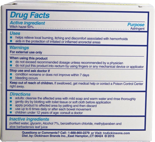 T.N. Dickinson'S Hemorrhoidal Pads, Witch Hazel With Aloe, Clear, 100