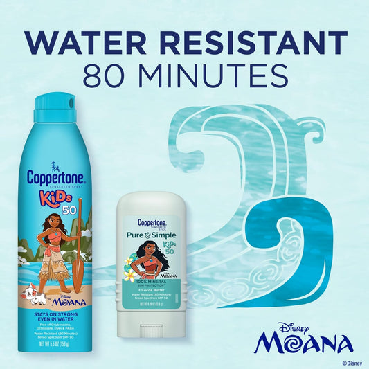 Coppertone Kids Exclusive Disney Moana Sunscreen Spray Spf 50 (5 Oz) + Coppertone Pure And Simple Kids Mineral Sunscreen Stick Spf 50 (0.49 Oz), Water Resistant, Oxybenzone And Octinoxate Free