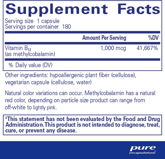 Pure Encapsulations Methylcobalamin 1,000 Mcg - Vitamin B12 Supplement To Support Memory & Nerve Health - Premium Vitamin B12 Capsules - 180 Capsules