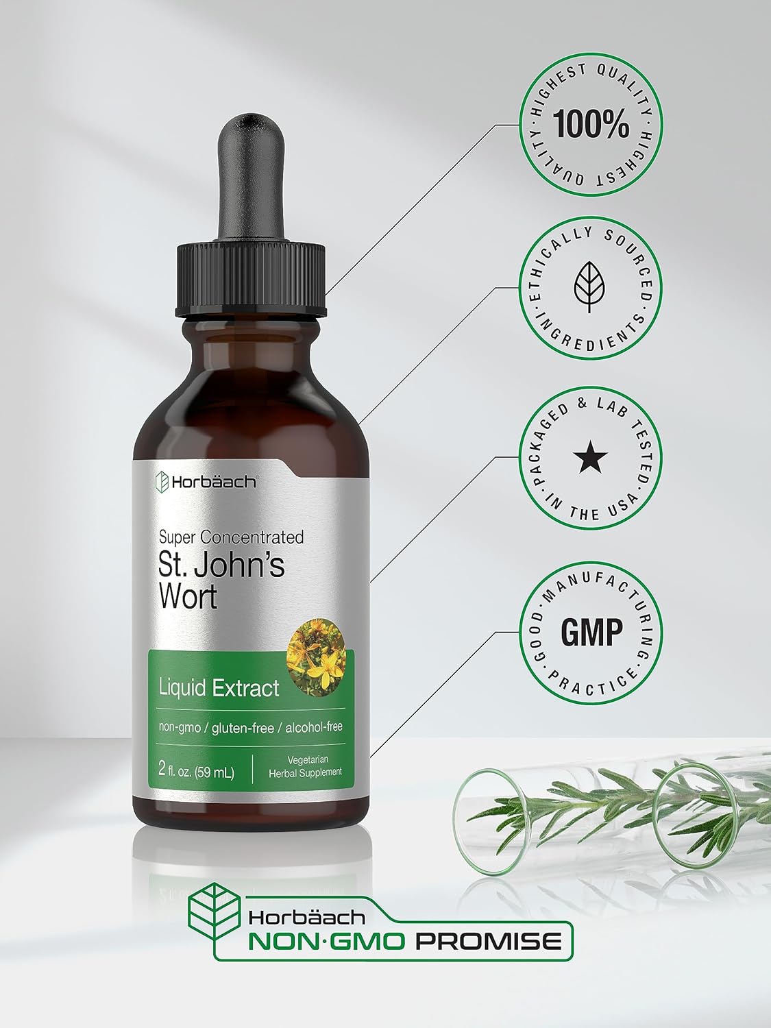 Horbäach St Johns Wort Tincture | 2 Fl Oz | Alcohol Free | Vegetarian Liquid Extract | Non-Gmo, Gluten Free Supplement : Health & Household