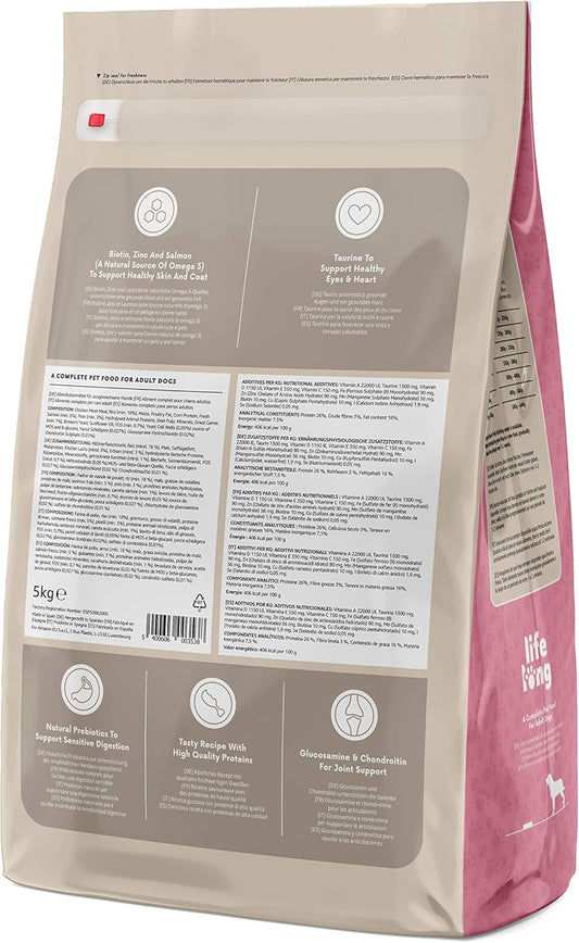 Amazon Brand - Lifelong - Complete Dry Dog Food With Salmon & Rice For Medium And Large Breeds, 1 Pack Of 5Kg5400606003507