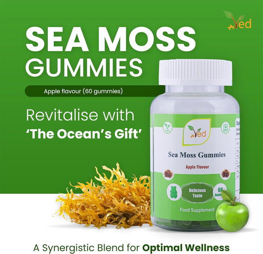 Ved Sea Moss Gummies; Sm Chews Apple Flavour, Raw Unfiltered Sea Moss Gummies With Mother Culture, Vegetarian Vegan Health Supplement For Men And Women- 60 Chews 30 Days’ Supply