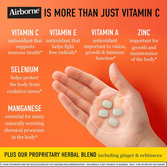 Airborne Vitamin C 1000Mg (Per Serving) Citrus Chewable Tablets (32 Count In A Box), Gluten-Free Immune Support Supplement, With Vitamins A C E, Zinc, Selenium, Echinacea & Ginger, Antioxidants