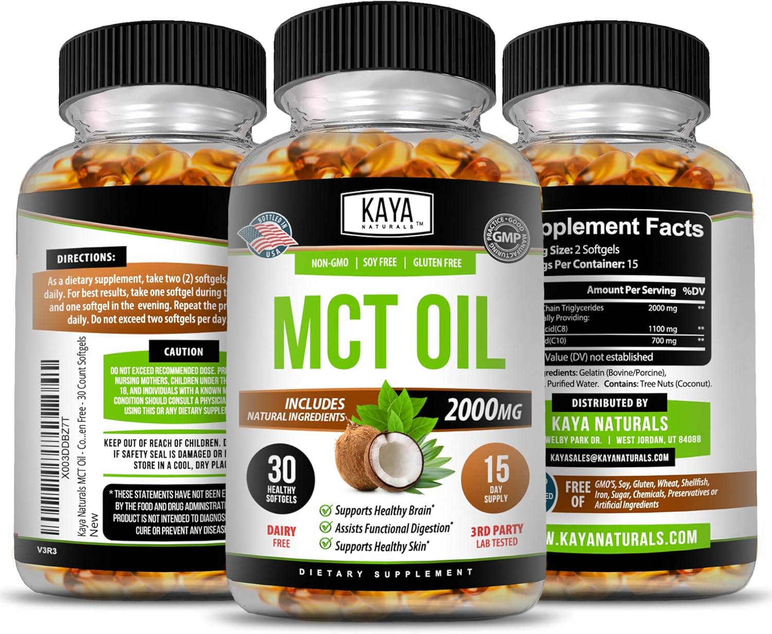 Kaya Naturals MCT Oil 2000mg - Non-GMO, Soy Free, Gluten Free - Supports Healthy Brain - Assists Functional Digestions & Supports Healthy Skin - 30ct : Health & Household