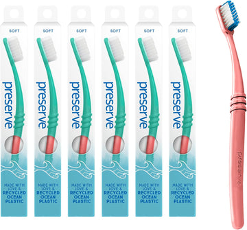 Preserve Ocean Plastic Initiative (Popi) Adult Toothbrush, Made In Usa From Recycled Ocean Plastic, Coral, Soft, 6 Count