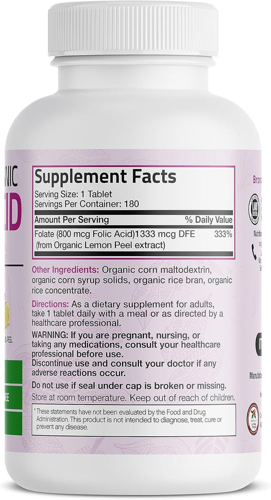 Bronson Organic Folic Acid (Vitamin B9 Folate) 800 Mcg Natural Folate From Lemon Peel, 180 Tablets