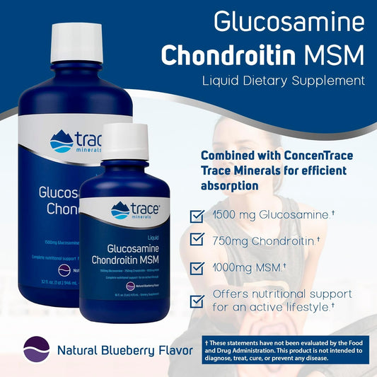 Trace Minerals | Liquid Glucosamine Chondroitin Msm | Complete Dietary Supplement For Active Lifestyle | Supports Joints, Cartilage And Mobility | Natural Blueberry Flavor | 16 Servings, 16 Fl Oz