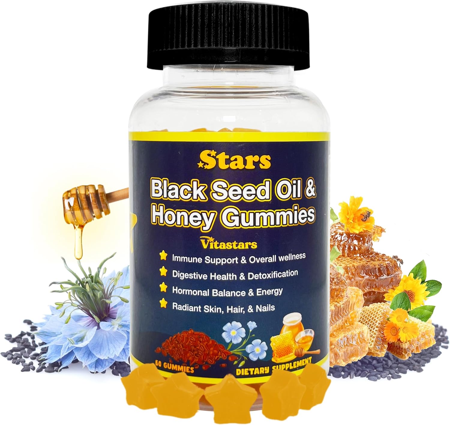 Black Seed Oil & Honey Gummies With Biotin, Vitamin C, Turmeric, Pomegranate & Thymoquinone For Immune, Joint, Digestion And Skin Support, 60 Count : Health & Household