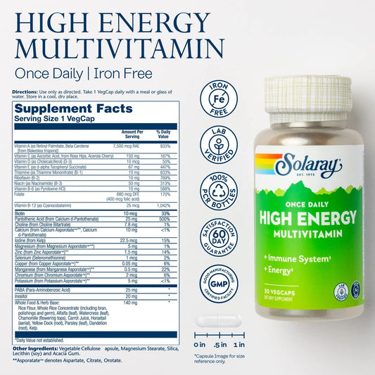 Solaray Once Daily High Energy Multivitamin, Iron Free, Immune System And Energy Support, Whole Food And Herb Base Ingredients, Men’S And Women’S Multi Vitamin (30 Servings, 30 Vegcaps)