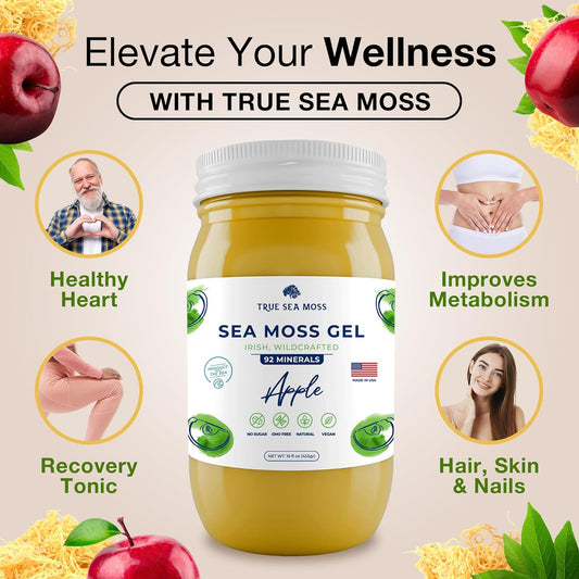 Trueseamoss Wildcrafted Irish Sea Moss Gel - Made With Dried Seaweed - Seamoss, Vegan-Friendly, Antioxidant Supports Thyroid & Digestion - Made In Usa (Apple, Pack Of 1)