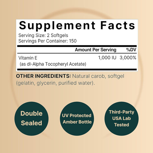 Naturebell Vitamin E Oil Softgels, 1,000 Iu Per Serving, 300 Pills | Essential Antioxidant Supplements, Easily Absorbed Form โ Supports Skin, Heart, & Immune Health โ Non-Gmo