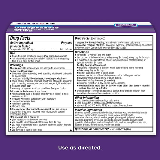 Healthcareaisle Omeprazole 20 Mg - 42 Delayed-Release Tablets - Acid Reducer, Treats Frequent Heartburn