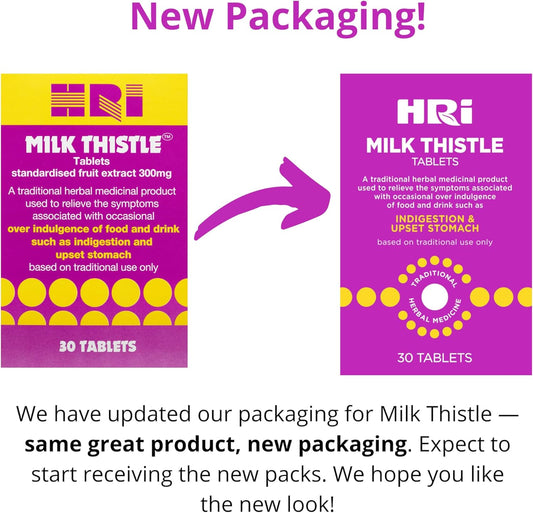 Hri Milk Thistle 30 Tablets - To Relieve Symptoms Associated With Over Indulgence Of Food And Drink Such As Indigestion And Upset Stomach. 300 Mg Of Milk Thistle Extract. 6 Packs