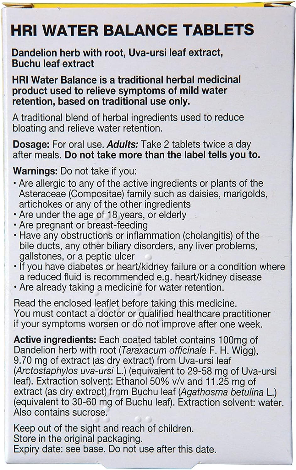 HRI Water Balance - to Relieve Symptoms of Mild Water Retention. with Dandelion Root, Uva Ursi and Buchu Leaf Extract. 1 Pack. 60 Tablets : Amazon.co.uk: Health & Personal Care