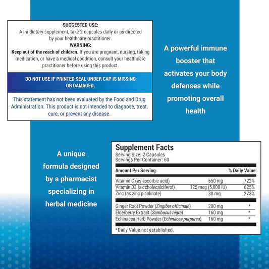 6 In 1 Immune Support 120 Capsules With Powerful Blend Of Elderberry, Echinacea, Ginger, Vitamin C 650Mg, Vitamin D3 5000 Iu & Zinc Picolinate 30Mg- Immune Booster Supplement For Adults And Kids