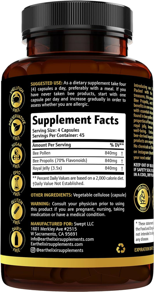 3-In-1 Bee Pollen Organic 840Mg (180 Caps) W/ 840Mg Bee Propolis Capsule & 840Mg Royal Jelly Capsule - 3Rd Party Tested - Bee Pollen Supplement - Organic Bee Pollen Capsule -No Fillers
