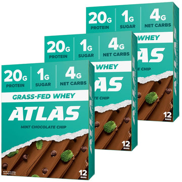 Atlas Protein Bar, 20G Protein, 1G Sugar, Clean Ingredients, Gluten Free (Mint Chocolate Chip, 12 Count (Pack Of 3))