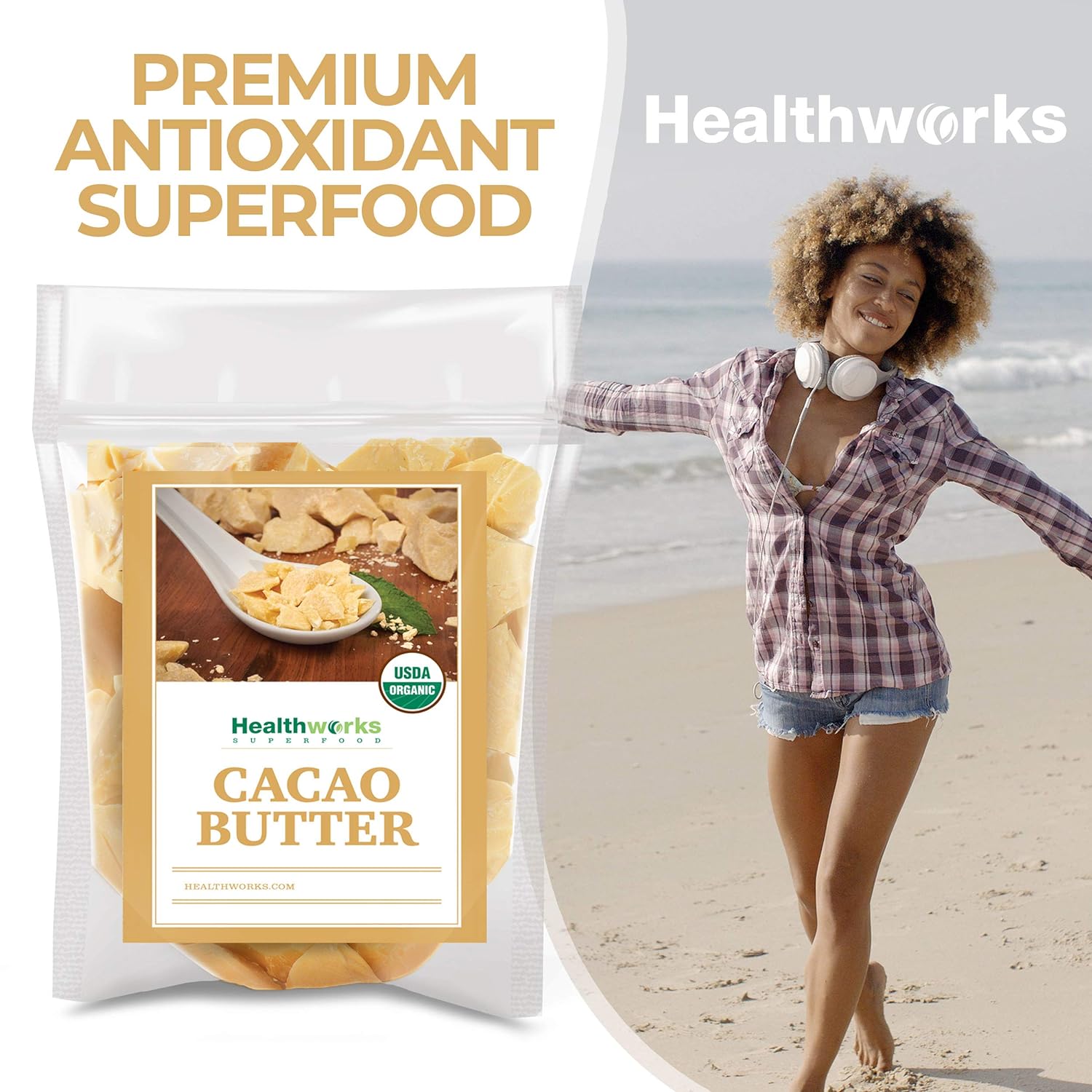 Healthworks Cacao Butter (16 Ounces / 1 Pound) Organic | Unrefined Non-Deodorized Cocoa | Certified Organic from Peru | Sugar-Free, Keto, Vegan & Non-GMO | Antioxidant Superfood : Grocery & Gourmet Food