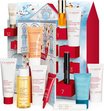 Clarins Christmas Gift Set | 12 Day Advent Calendar For Women | Worth £162 | Includes Full Size Beauty Flash Balm And Lip Comfort Oil 01 Honey