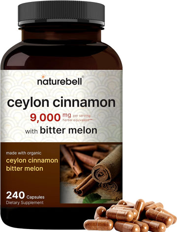 Naturebell Ceylon Cinnamon 9,000Mg Per Serving, 240 Capsules | Made With Organic Sri Lanka Ceylon Cinnamon And Organic Bitter Melon, 2 In 1 Support β Non-Gmo, No Gluten