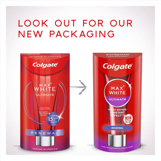 Colgate Max White Ultimate Renewal Whitening Toothpaste 75Ml - 10X Whiter Teeth* - Instant Teeth Whitening Toothpaste^ - Deeply* Whitens - Helps Prevent Future Stains - Enamel Safe For Daily Use