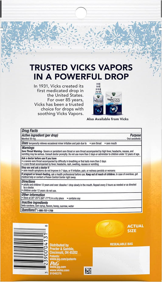 Vicks Vapocool Severe Medicated Sore Throat Drops, Fast-Acting Max Strength Relief, Soothes Sore Throat Caused By Cough, Powerful Vicks Vapors, Menthol, Honey Lemon Chill Flavor, 225Ct (5 45Ct Packs)