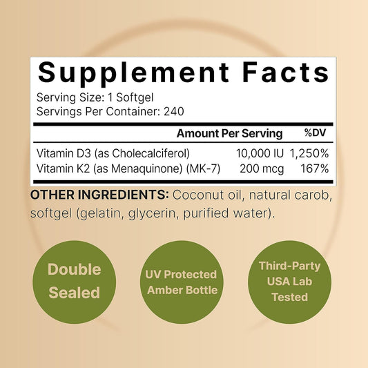 Naturebell Vitamin D3 K2 (10,000 Iu Vitamin D + 200Mcg Vitamin K Mk-7) 240 Softgels With Coconut Oil For Complete Absorption | Bone, Heart, Immune, & Calcium Support | One A Day, Non-Gmo