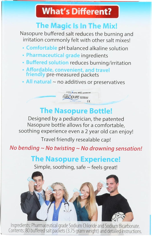Nasopure Nasal Wash, Value Refill Kit, “The Nicer Neti Pot” Sinus Wash Kit, Comfortable Nasal Rinse 80 Salt Packets (3.75 Grams Each), Nasal Congestion, Cold, Flu, Allergy, Nasal Irrigation System