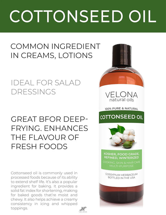 Cotton Seed Oil by Velona - 64 oz | 100% Pure and Natural Carrier Oil | Refined, Cold pressed | Cooking, Skin, Face, Body, Hair Care | Use Today - Enjoy Results