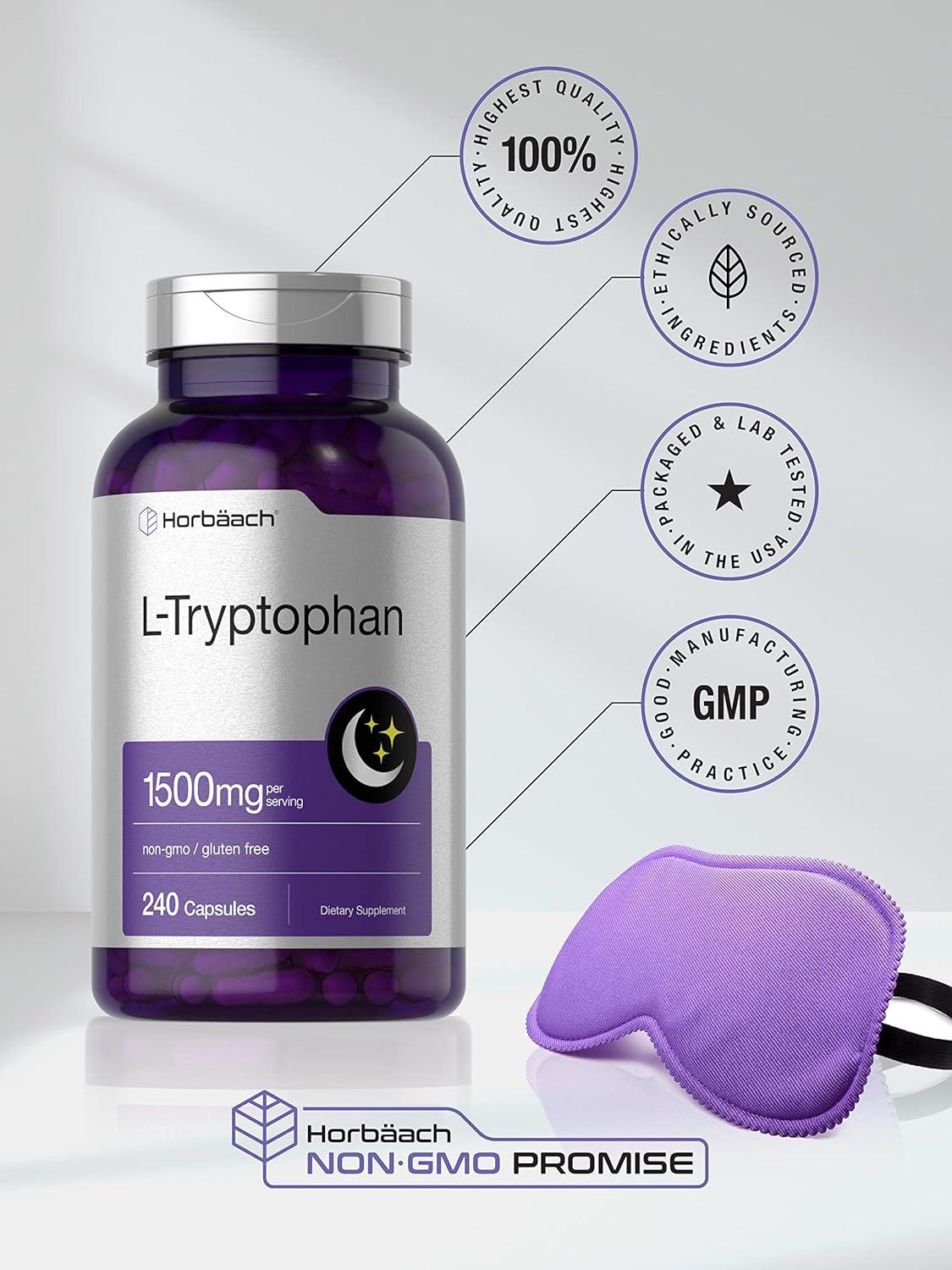 L Tryptophan 1500mg Capsules | 240 Count | Nighttime Formula | Non-GMO, Gluten Free Supplement | by Horbaach
