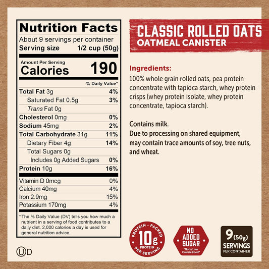 Kodiak Cakes Oatmeal Canister, Rolled Oats, High Protein, 100% Whole Grains (12 Canisters)