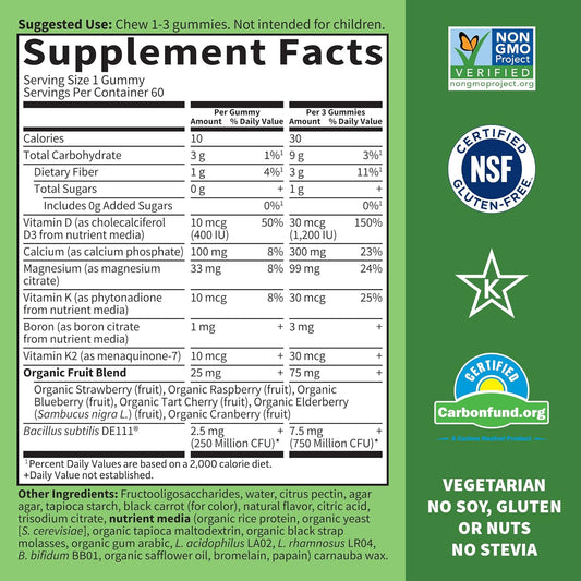 Calcium Magnesium Gummies With D3 & K2, Supports Bone Health & Bone Strength + Prebiotics & Probiotics For Digestive Support, Vitamin Code, Non-Gmo, Gluten-Free, 60 Raspberry Gummies, 30 Day Supply