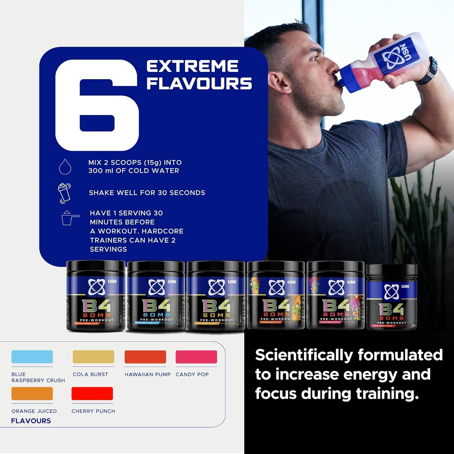 USN B4 Bomb Pre Workout Powder - 300g (20 Servings) Energy Drink Powder for Explosive Energy & Performance, 200mg Caffeine, 6000mg Citrulline, Creatine & 2000mg Beta Alanine - Blue Raspberry Flavour : Amazon.co.uk: Health & Personal Care