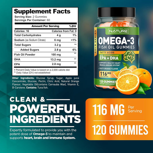 Omega 3 Fish Oil Gummies With Epa & Dha From Wild Fish - Triple Strength Omega 3 Fish Oil Gummy, Supports Healthy Heart, Brain & Immune System, Burpless & Natural - 60 Gummies, 30 Day Supply
